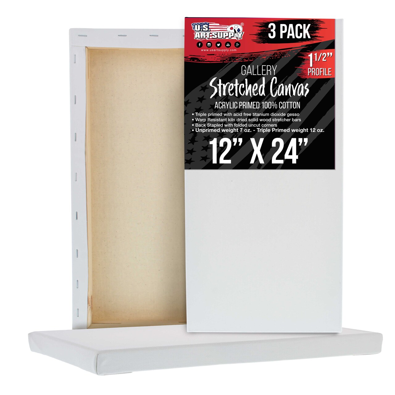 Medium Stretched Canvas for Painting 12x24 inch Gallery Depth 1-1/2" Thick, 3-Pack - 12oz Acrylic Gesso Triple Primed, Professional Artist Quality, 100% Cotton - Oil, Pouring Paint